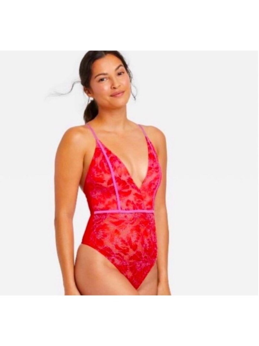 Auden Womens M Red Pink Floral lace Bodysuit Plunge Neck Lingerie Sheer